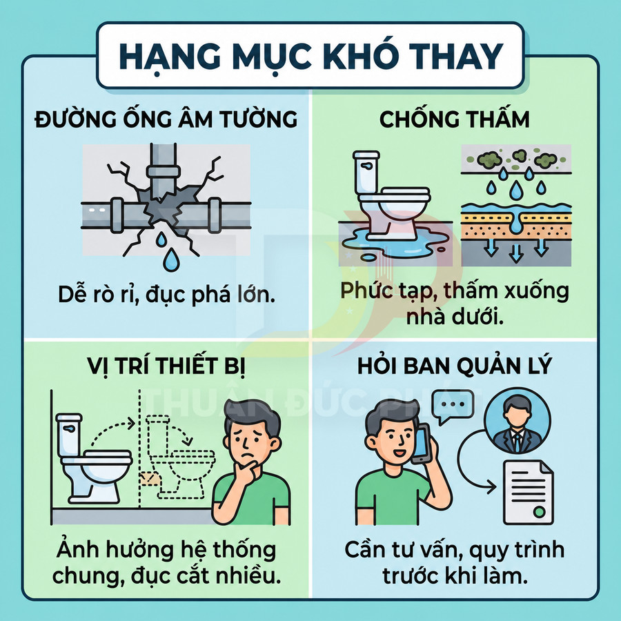 Infographic hạng mục khó thay trong nhà vệ sinh như đường ống âm tường, chống thấm, vị trí thiết bị và hỏi ban quản lý