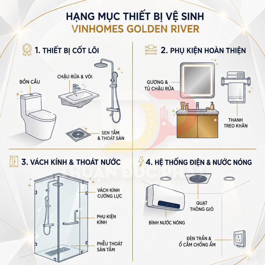 Danh mục thiết bị vệ sinh Vinhomes Golden River gồm bồn cầu, chậu rửa, sen tắm, vách kính, bình nước nóng