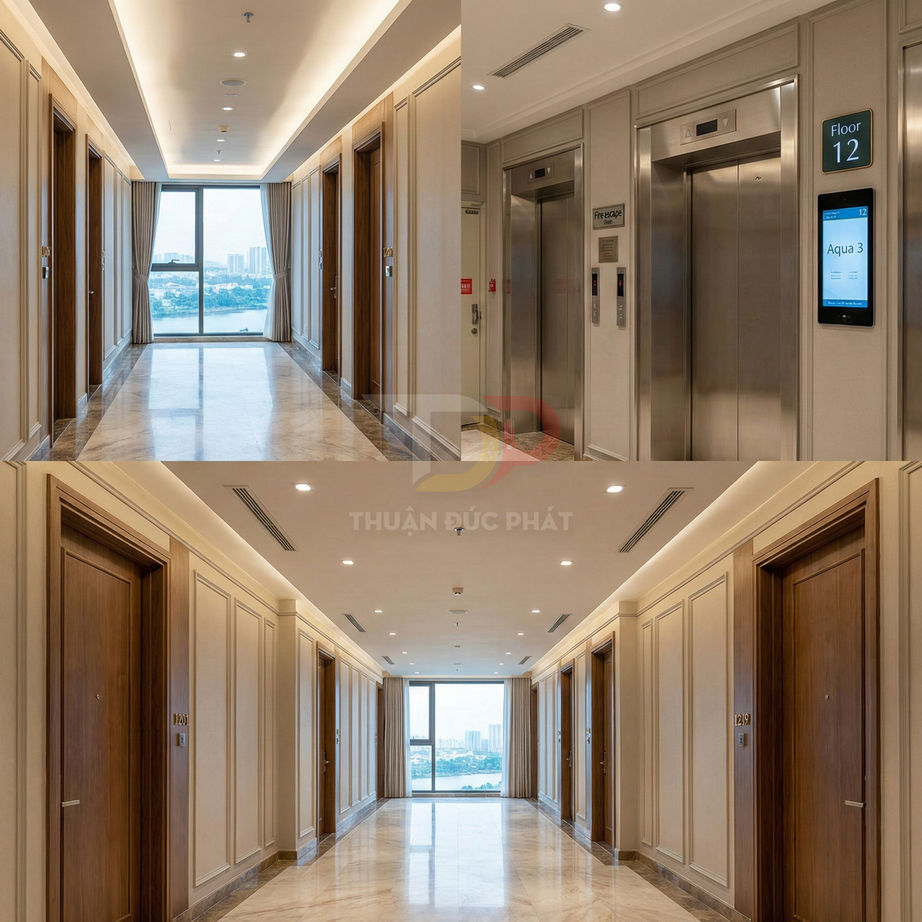 Sảnh thang máy cao cấp với cửa gỗ và thang máy inox hiện đại trong tòa nhà chung cư nhìn ra thành phố