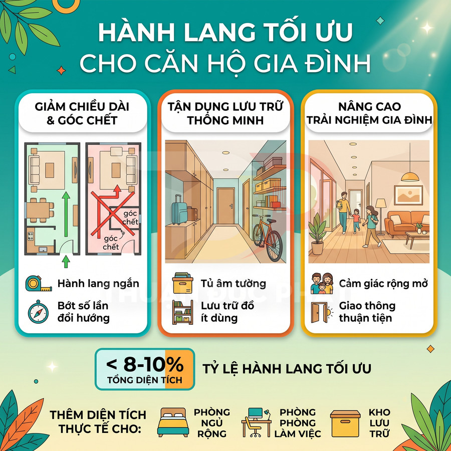 Mẹo thiết kế hành lang tối ưu cho căn hộ gia đình với tủ âm tường, lưu trữ thông minh và không gian sinh hoạt rộng mở