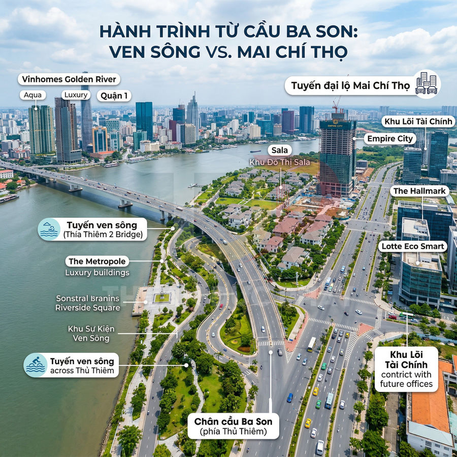 Toàn cảnh cầu Ba Son, tuyến ven sông và đại lộ Mai Chí Thọ với các dự án Vinhomes Golden River, Sala, Empire City