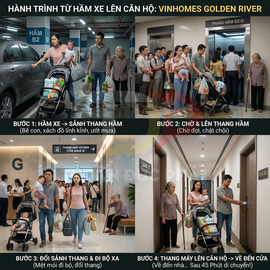 Hành trình gia đình di chuyển từ hầm gửi xe lên căn hộ tại chung cư Vinhomes Golden River