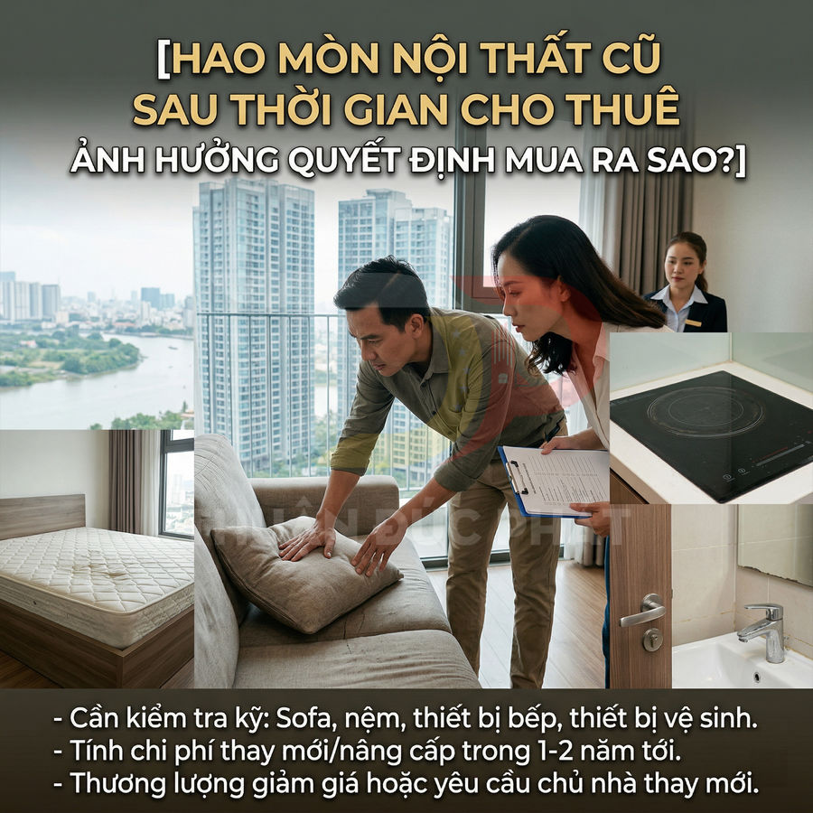 Khách xem xét sofa, nệm, bếp từ và thiết bị vệ sinh căn hộ cho thuê trước khi quyết định mua