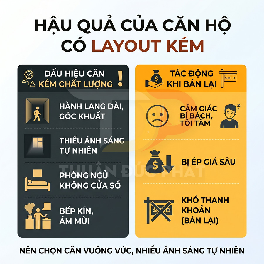 Infographic hậu quả căn hộ layout kém với dấu hiệu thiếu sáng, phòng không cửa sổ, bếp kín và khó bán lại