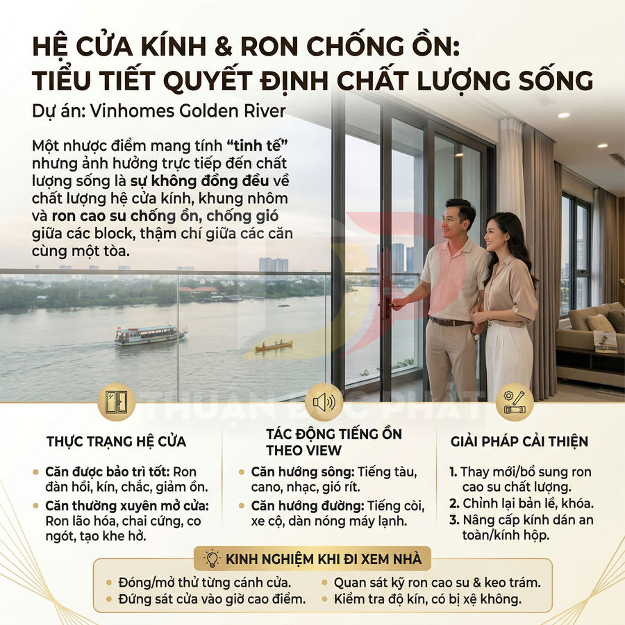 Cửa kính nhôm cao cấp với ron cao su chống ồn tại căn hộ Vinhomes Golden River nhìn ra sông, đôi vợ chồng đứng bên trong