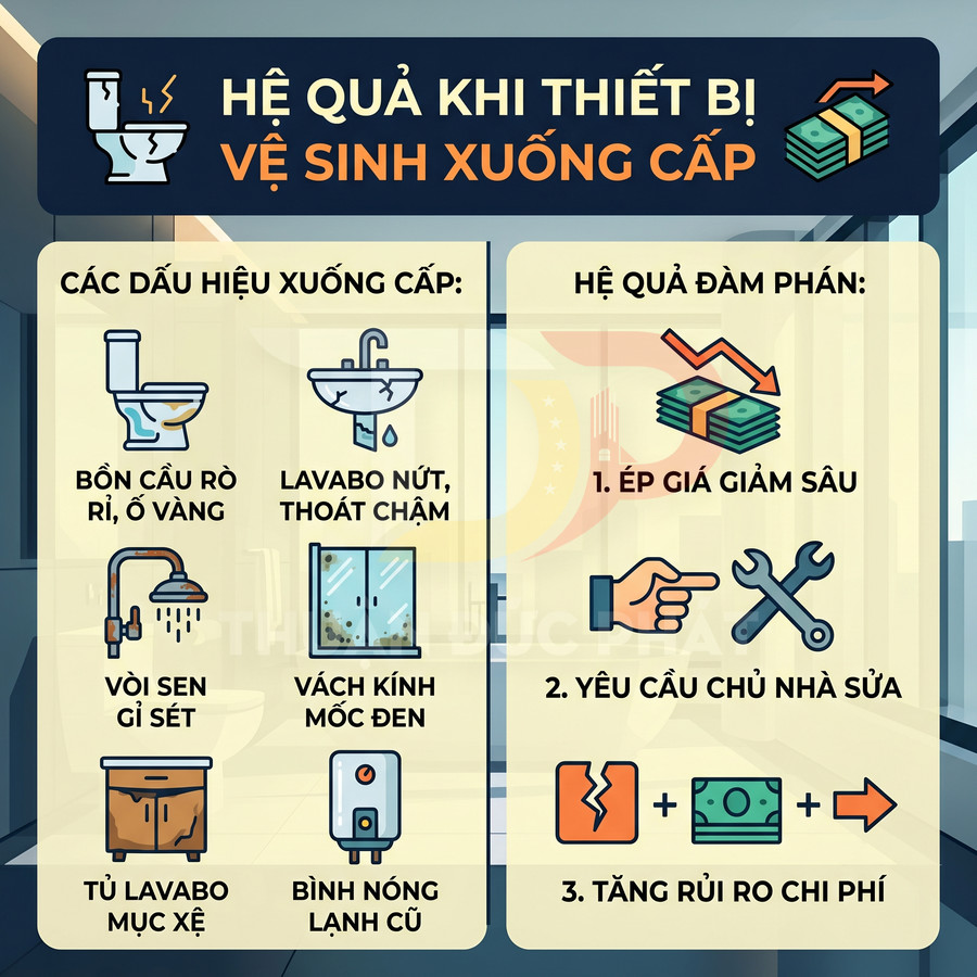 Infographic mô tả dấu hiệu thiết bị vệ sinh xuống cấp và hệ quả đàm phán khi bán hoặc cho thuê nhà