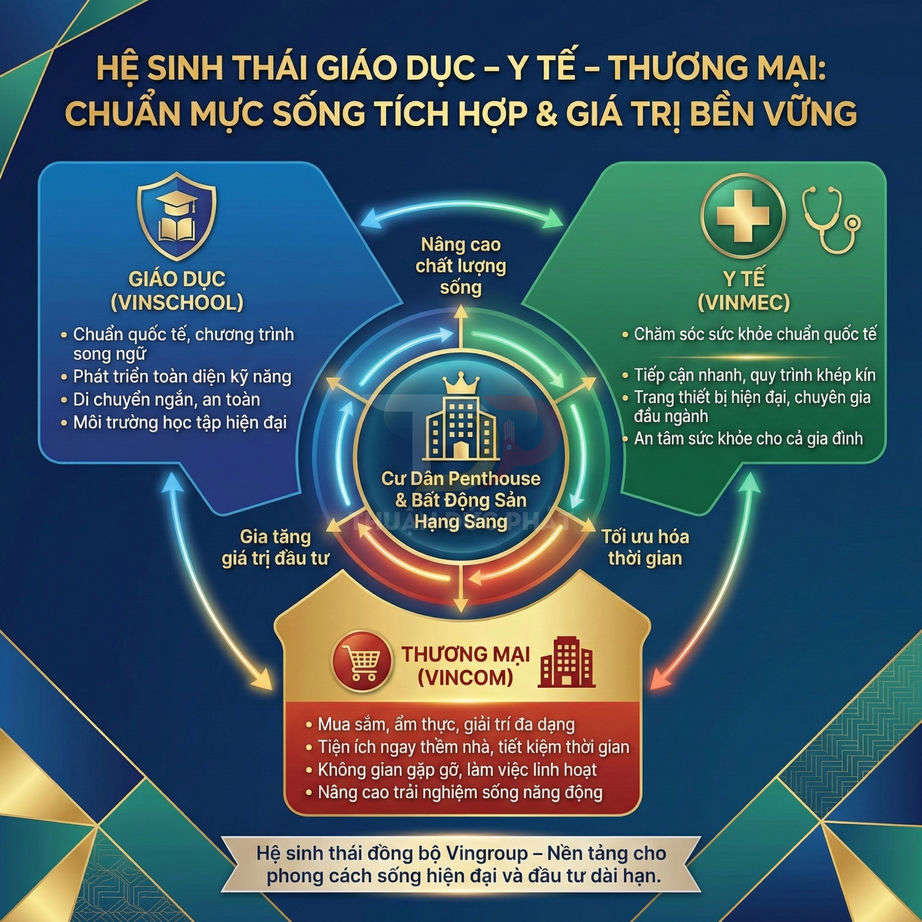 Mô hình hệ sinh thái Vingroup với giáo dục Vinschool, y tế Vinmec và thương mại Vincom cho cư dân penthouse