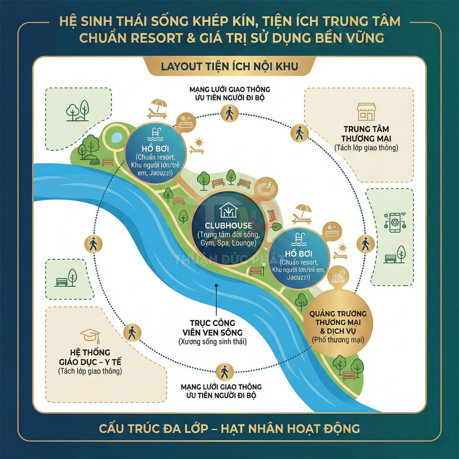 Sơ đồ tiện ích nội khu khu đô thị ven sông với hồ bơi, clubhouse, quảng trường thương mại và hệ thống giáo dục y tế