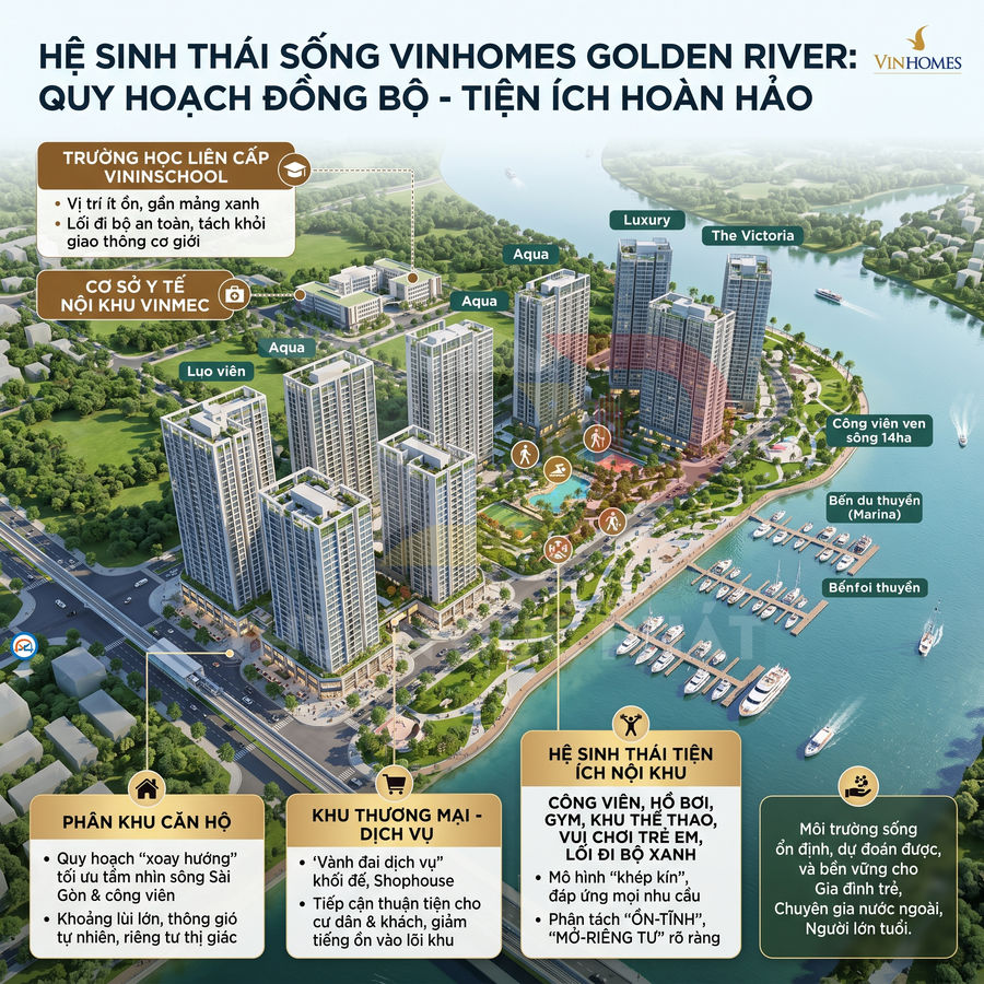 Phối cảnh dự án căn hộ Vinhomes Golden River ven sông với bến du thuyền, công viên và hệ thống tiện ích nội khu