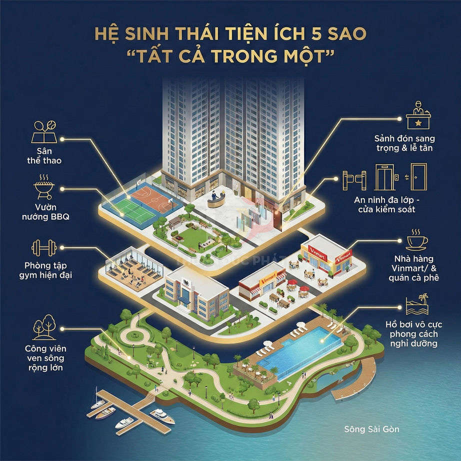Phối cảnh căn hộ cao cấp ven sông với hệ sinh thái tiện ích 5 sao gồm hồ bơi, công viên, sân thể thao, gym, Vinmart và nhà hàng