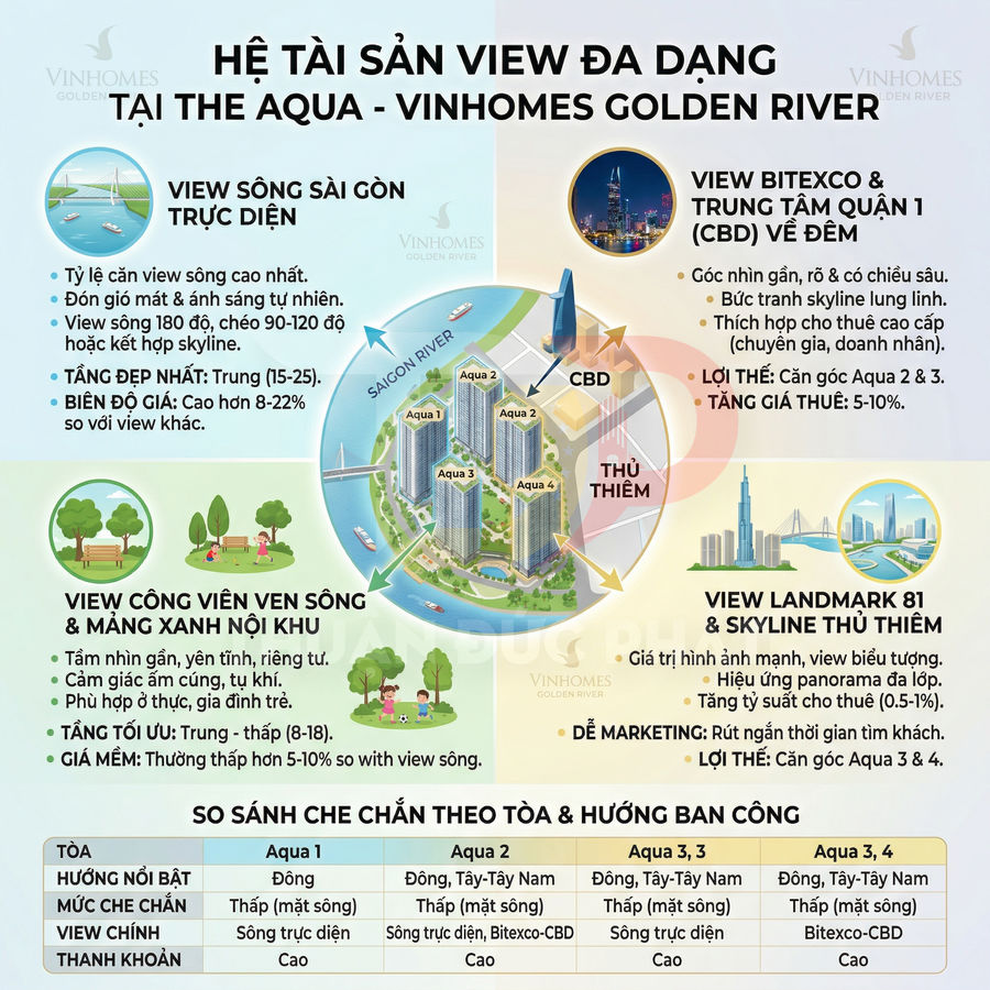 Infographic hệ thống view căn hộ The Aqua Vinhomes Golden River với các hướng nhìn sông Sài Gòn, công viên, Bitexco và Landmark 81