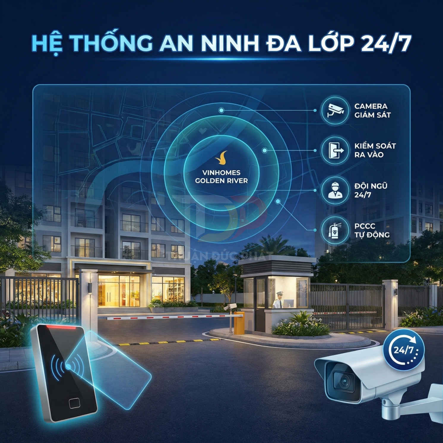 Hệ thống an ninh đa lớp 24/7 tại Vinhomes Golden River với camera giám sát và kiểm soát ra vào thẻ từ