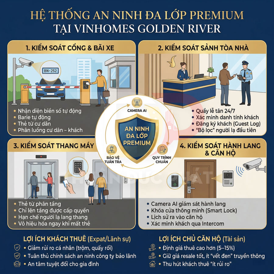 Infographic hệ thống an ninh đa lớp premium tại Vinhomes Golden River với kiểm soát cổng, sảnh, thang máy, hành lang