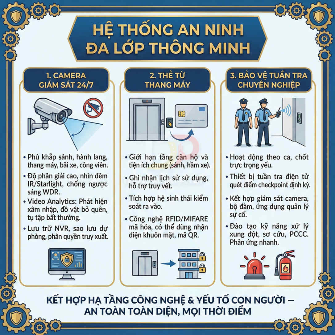 Mô tả hệ thống an ninh đa lớp với camera giám sát, thẻ từ thang máy và bảo vệ tuần tra chuyên nghiệp
