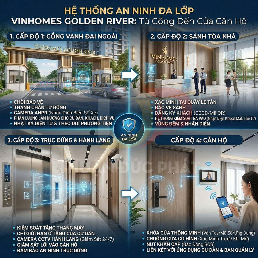 Hệ thống an ninh đa lớp Vinhomes Golden River với cổng, sảnh, thang máy và khóa cửa thông minh căn hộ