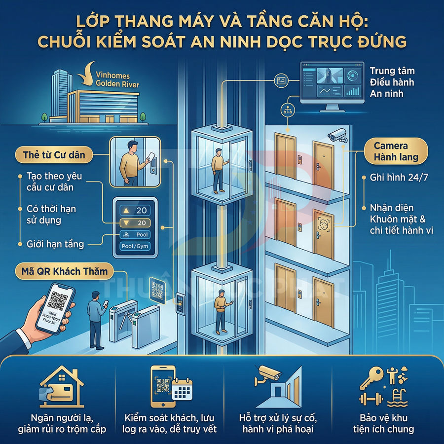 Hệ thống kiểm soát an ninh thang máy và tầng căn hộ Vinhomes Golden River với thẻ từ và mã QR khách thăm