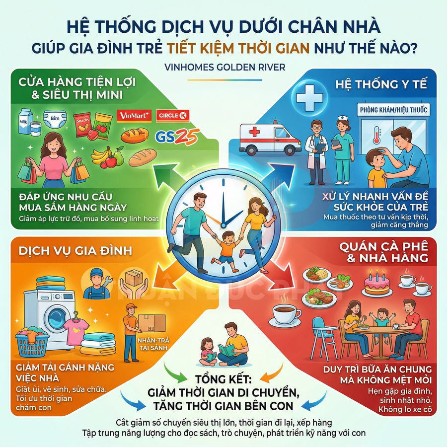 Infographic hệ thống dịch vụ Vinhomes Golden River giúp gia đình trẻ tiết kiệm thời gian di chuyển