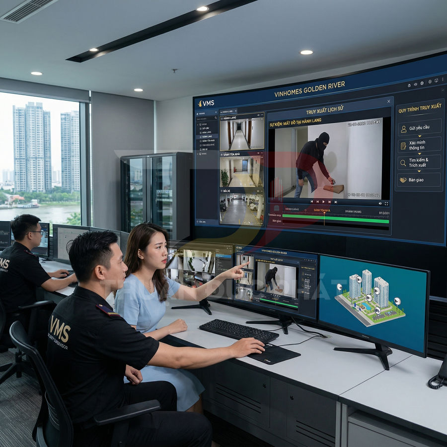 Nhân viên an ninh giám sát hệ thống camera VMS trên nhiều màn hình tại trung tâm điều khiển