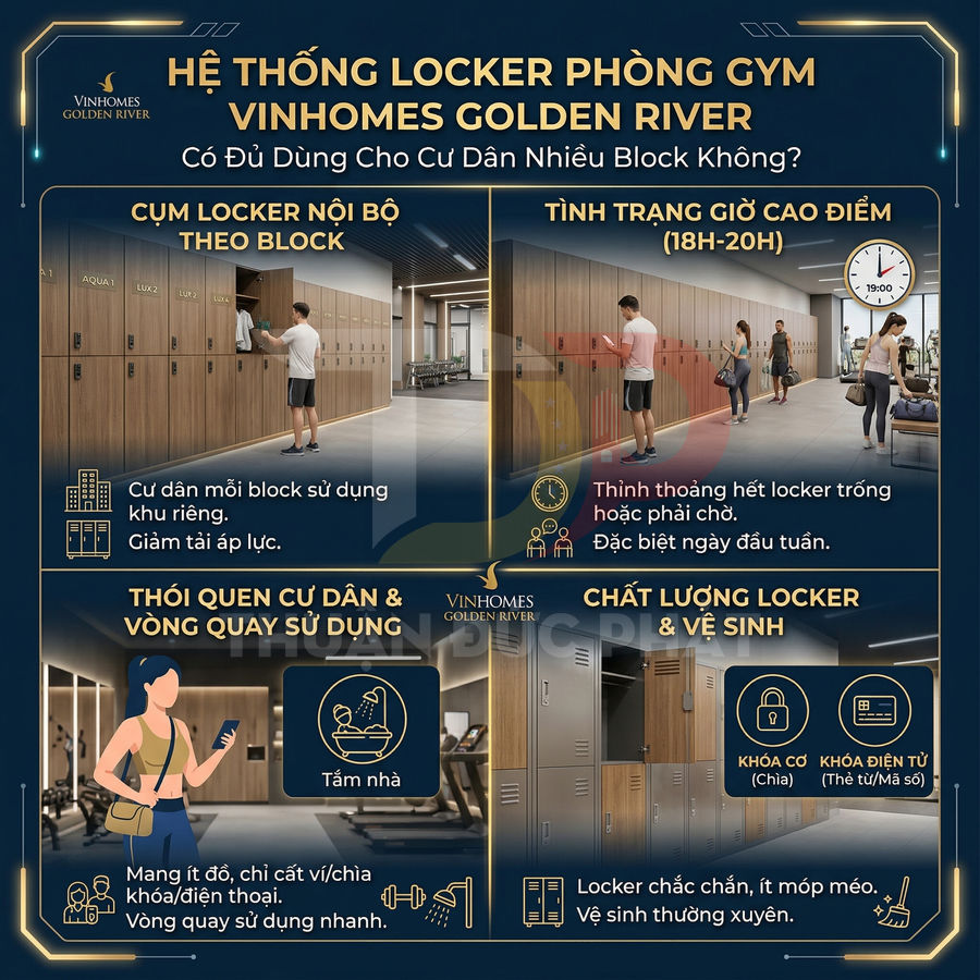 Hệ thống tủ locker gỗ phòng gym Vinhomes Golden River với khóa cơ và khóa điện tử, khu vực sạch sẽ hiện đại