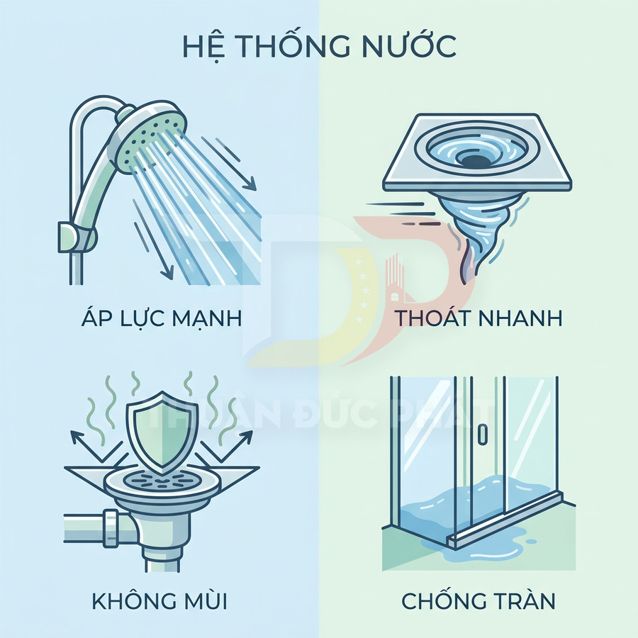 Hệ thống nước phòng tắm với vòi sen áp lực mạnh, thoát sàn nhanh, chống mùi và vách kính chống tràn