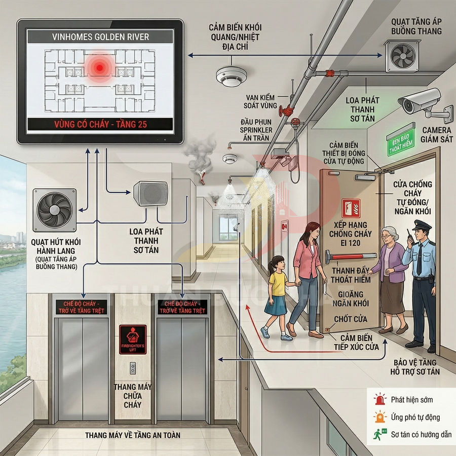 Hệ thống an toàn cháy nổ Vinhomes Golden River với thang máy chữa cháy, cửa chống cháy và thiết bị báo cháy tự động