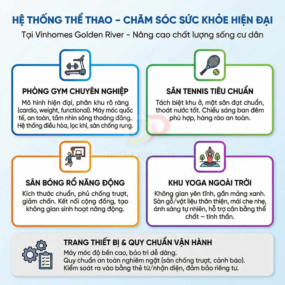 Tiện ích thể thao chăm sóc sức khỏe hiện đại tại Vinhomes Golden River với gym, tennis, bóng rổ, yoga và thiết bị cao cấp