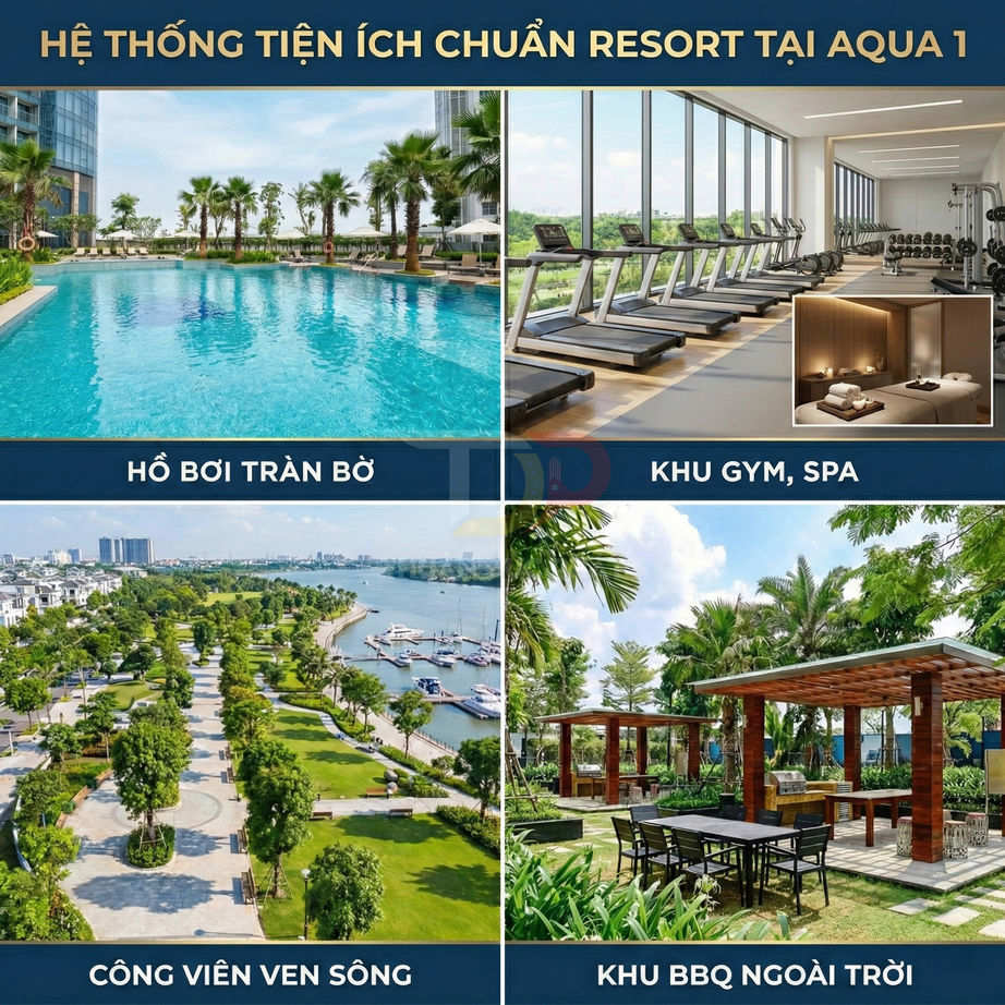 Tiện ích chuẩn resort tại Aqua 1 với hồ bơi tràn bờ, phòng gym spa, công viên ven sông và khu BBQ ngoài trời