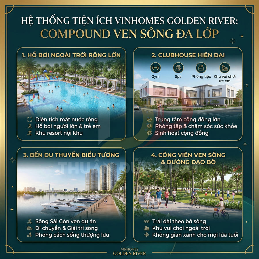 Tiện ích Vinhomes Golden River với hồ bơi ngoài trời, clubhouse, bến du thuyền và công viên ven sông