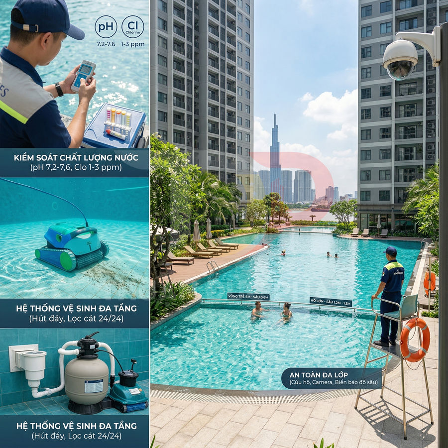 Hệ thống thiết bị vệ sinh, kiểm soát chất lượng nước và an toàn cho hồ bơi chung cư cao tầng