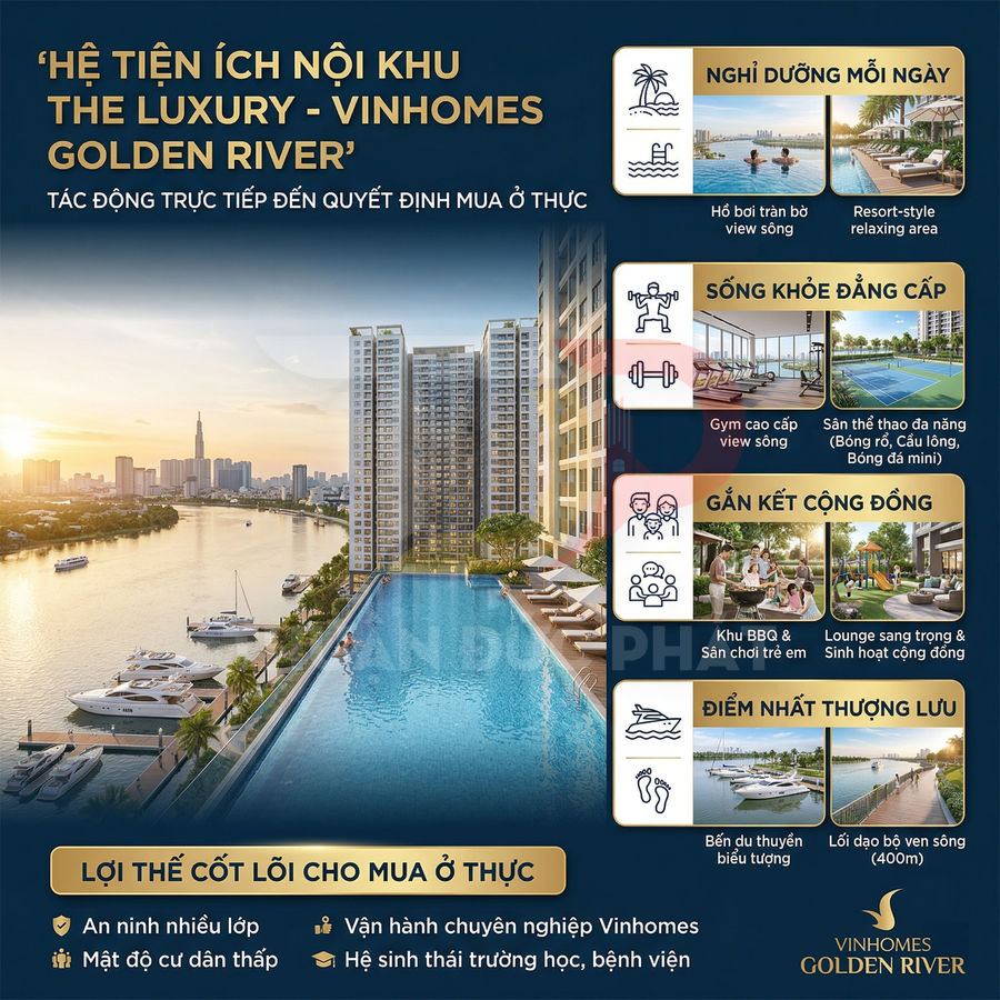 Tiện ích nội khu cao cấp Vinhomes Golden River với hồ bơi tràn bờ, bến du thuyền và khu nghỉ dưỡng ven sông