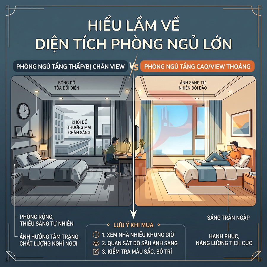 So sánh phòng ngủ tầng thấp thiếu sáng và phòng ngủ tầng cao nhiều ánh sáng tự nhiên