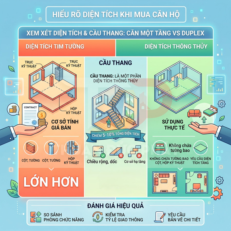 Infographic so sánh diện tích tim tường và diện tích thông thủy khi mua căn hộ, giải thích vai trò cầu thang và cách tính giá bán