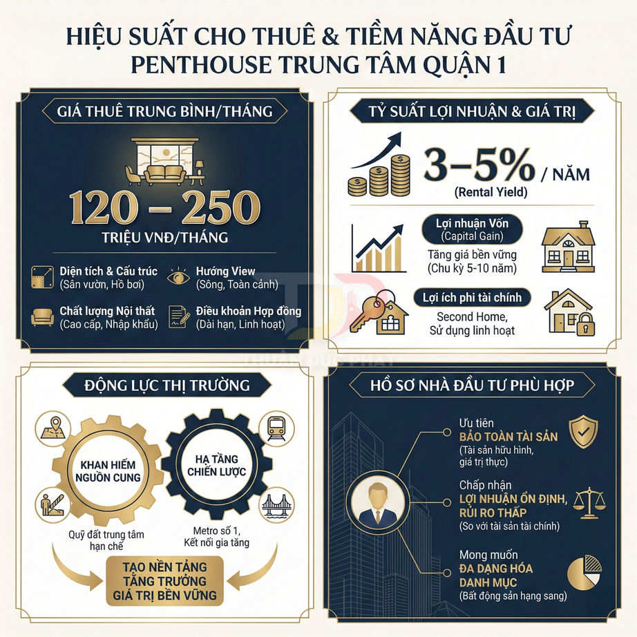 Infographic hiệu suất cho thuê và tiềm năng đầu tư căn hộ penthouse cao cấp trung tâm quận 1