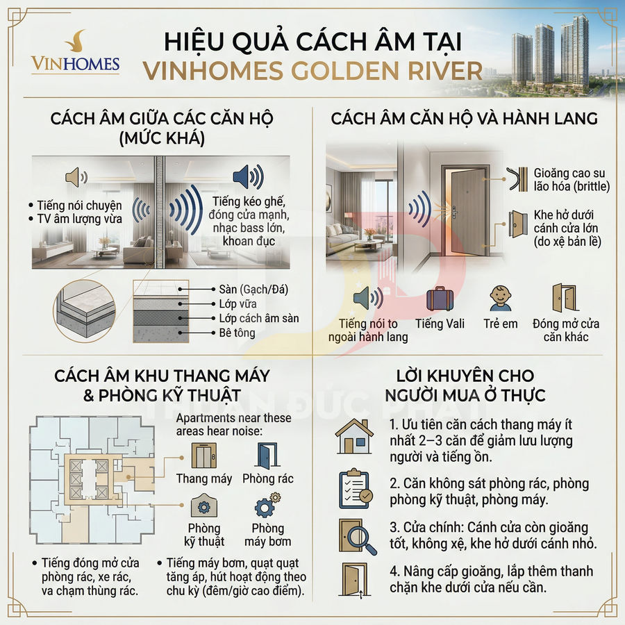 Infographic giới thiệu hiệu quả cách âm căn hộ tại Vinhomes Golden River và các lưu ý chọn mua nhà ở thực