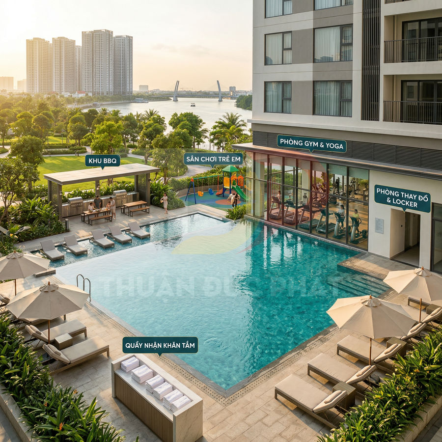 Hồ bơi chung cư cao cấp với ghế tắm nắng, khu BBQ, sân chơi trẻ em và phòng gym cạnh sông