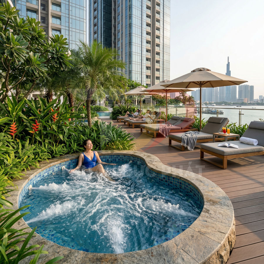 Bể sục jacuzzi ngoài trời cạnh hồ bơi và ghế tắm nắng sang trọng trong khu căn hộ cao cấp bên sông