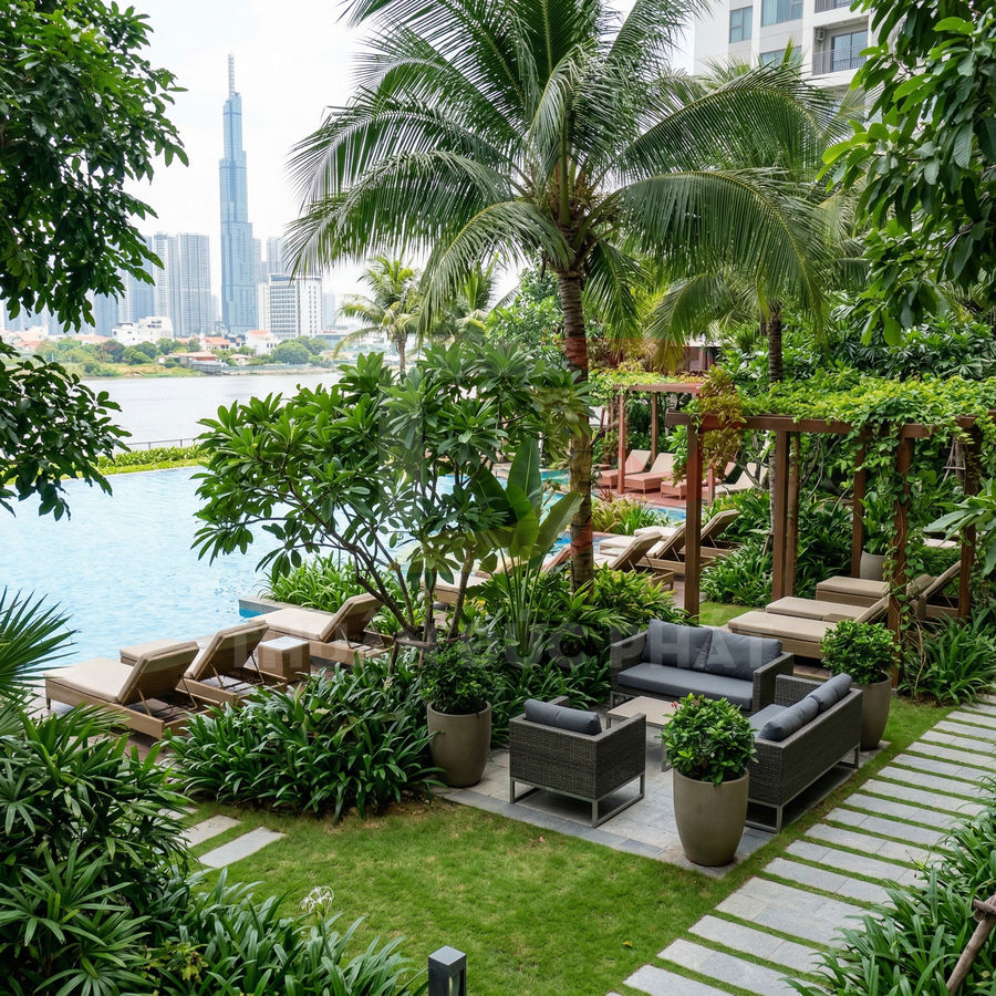 Bộ bàn ghế sân vườn ngoài trời đặt cạnh hồ bơi, bao quanh bởi cây xanh và cảnh quan resort hiện đại