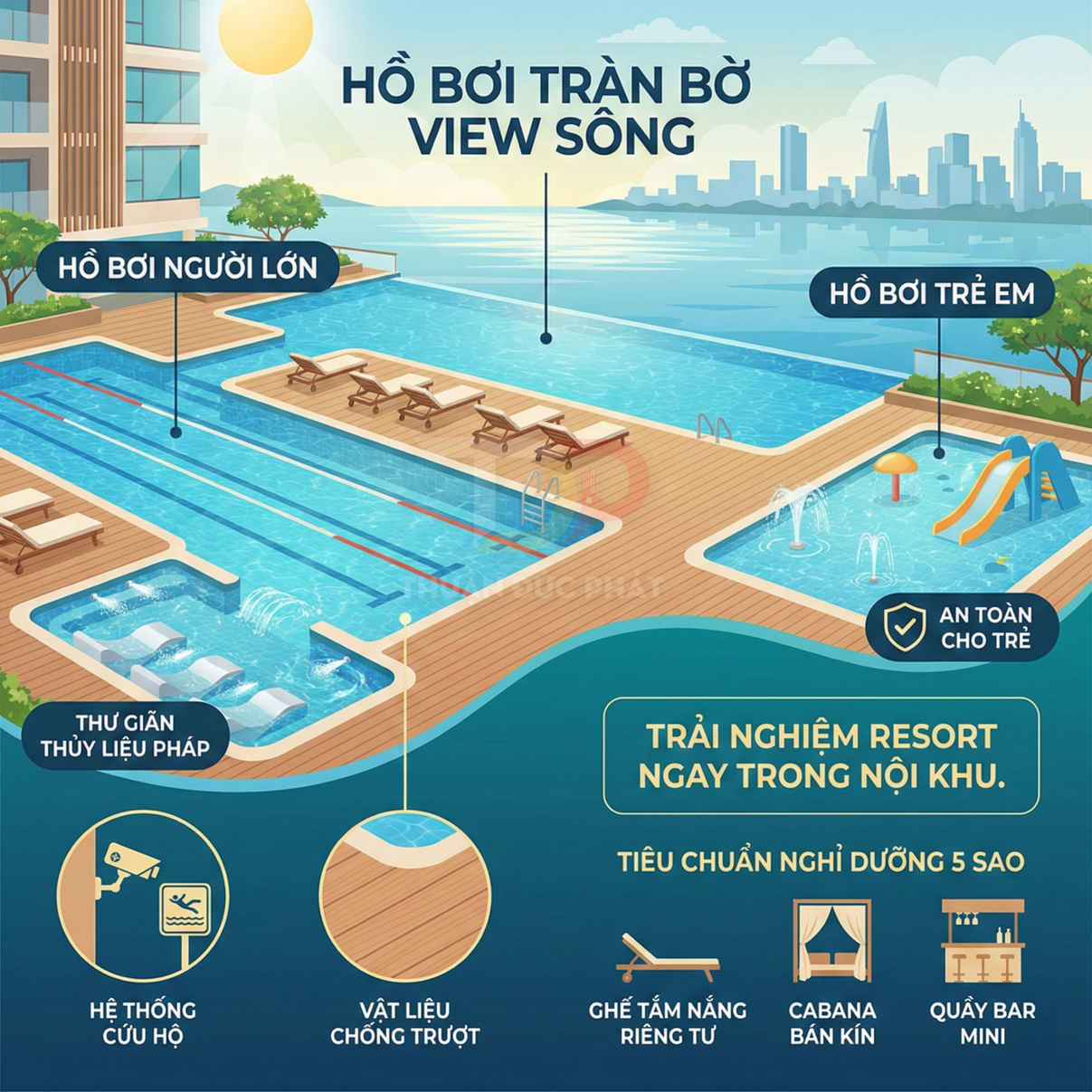 Khu hồ bơi tràn bờ view sông với hồ người lớn, hồ trẻ em, ghế tắm nắng và khu vui chơi nước cho bé