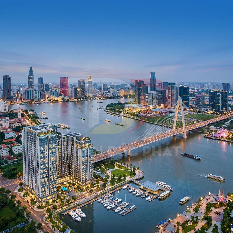 Toàn cảnh căn hộ cao cấp ven sông Sài Gòn với bến du thuyền và cầu bắc qua trung tâm thành phố