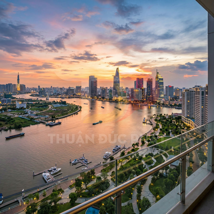 View ban công căn hộ cao cấp nhìn toàn cảnh sông Sài Gòn và trung tâm thành phố lúc hoàng hôn