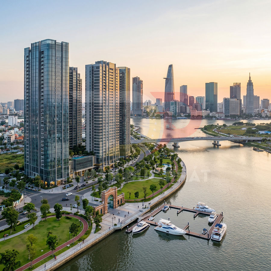 Bến du thuyền sang trọng bên sông với các tòa chung cư cao cấp và trung tâm thành phố phía xa