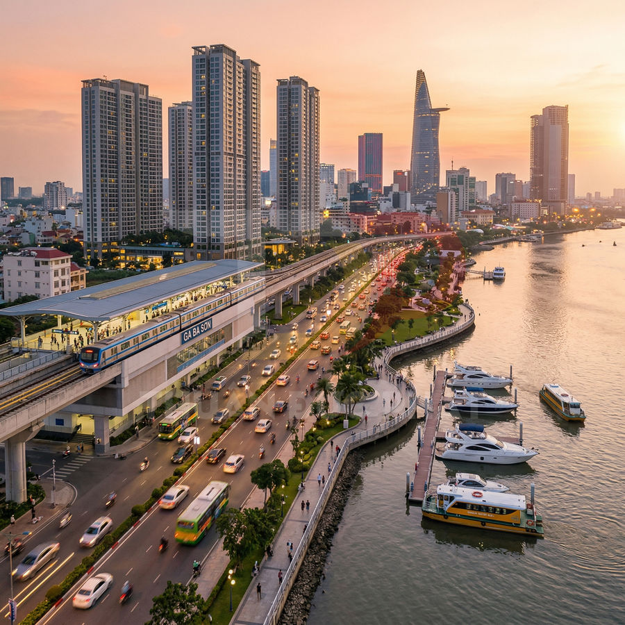 Ga Ba Son tuyến metro và bến du thuyền bên sông Sài Gòn lúc hoàng hôn