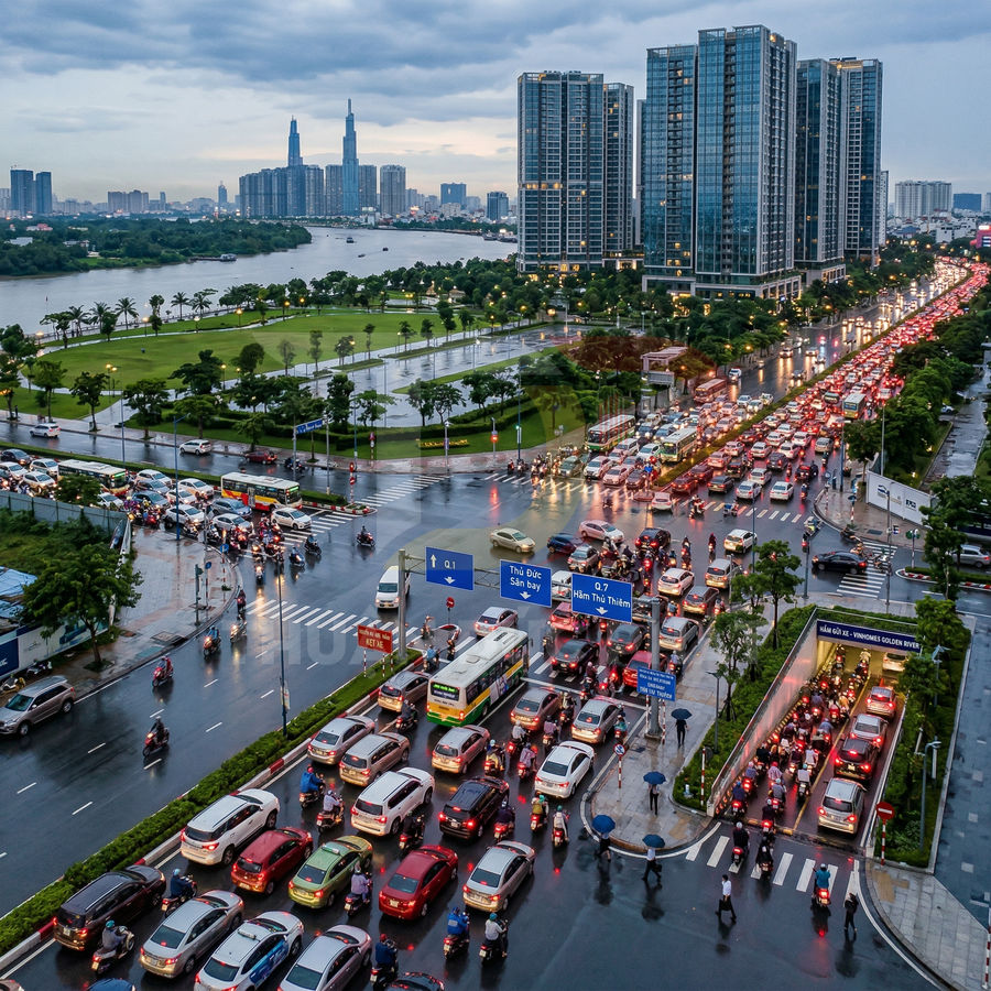 Đường phố Sài Gòn kẹt xe giờ cao điểm với ô tô và xe máy chen chúc dưới các tòa nhà cao tầng