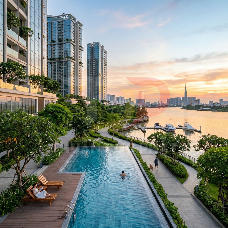 Hồ bơi ngoài trời tại khu căn hộ cao cấp ven sông với bến du thuyền và cảnh hoàng hôn