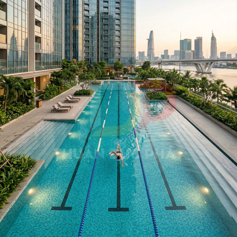 Hồ bơi ngoài trời dài cạnh chung cư cao tầng sang trọng nhìn ra sông và thành phố