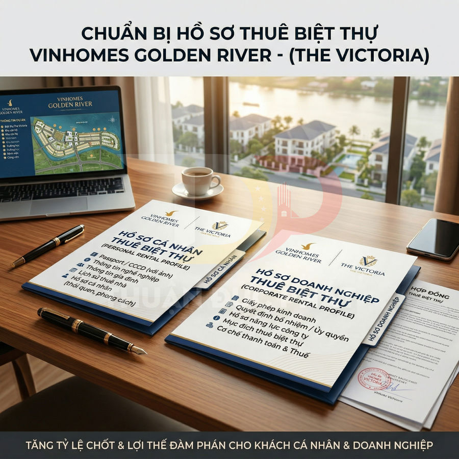Hồ sơ cá nhân và doanh nghiệp thuê biệt thự Vinhomes Golden River The Victoria trên bàn làm việc cạnh laptop