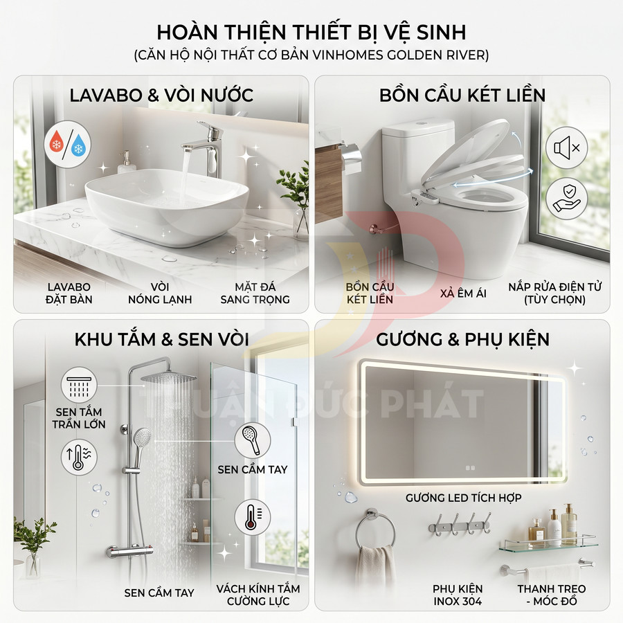 Bộ thiết bị vệ sinh cao cấp cho căn hộ gồm lavabo, bồn cầu két liền, sen tắm, gương LED và phụ kiện inox