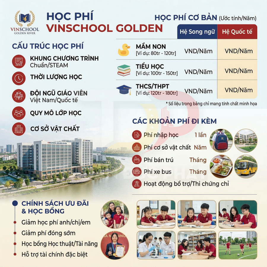 Bảng thông tin học phí và ưu đãi trường Vinschool Golden River kèm hình ảnh cơ sở vật chất và học sinh