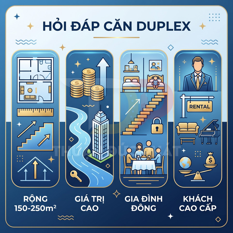Infographic lợi ích căn hộ duplex diện tích 150 250m2 giá trị cao phù hợp gia đình đông và khách thuê cao cấp