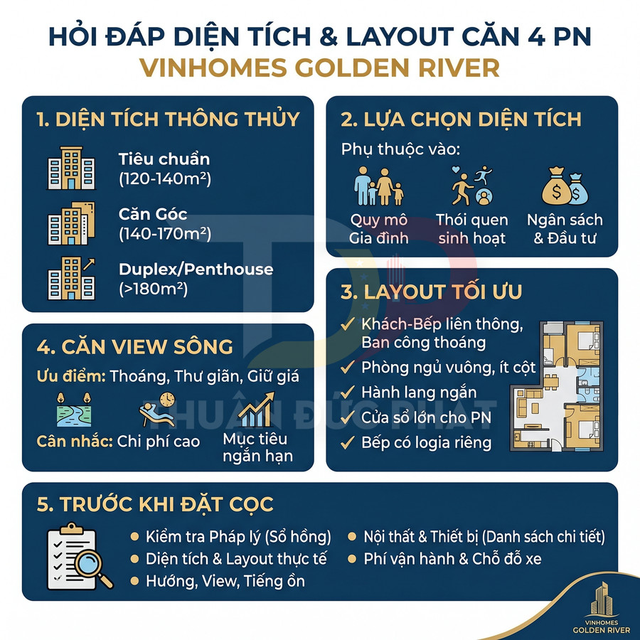 Infographic tư vấn diện tích và layout căn hộ 4 phòng ngủ dự án Vinhomes Golden River